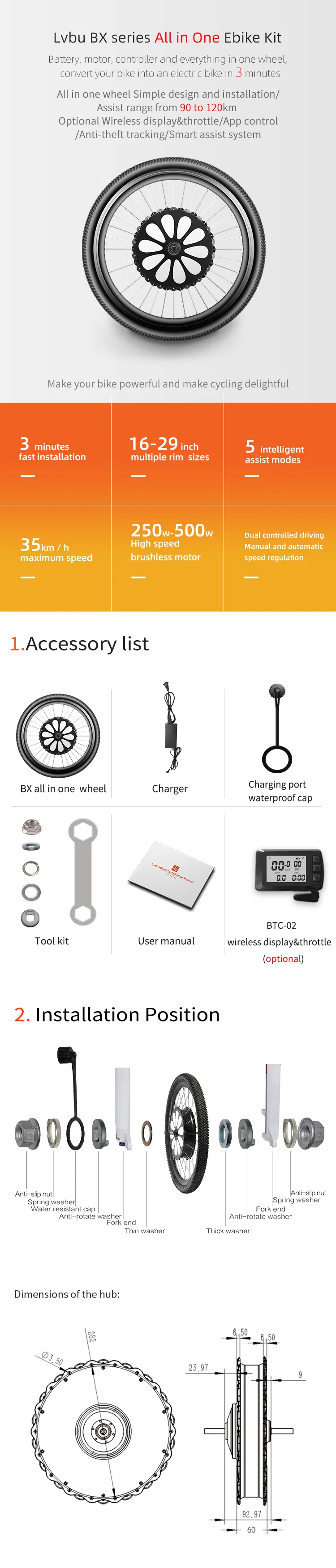 16"-29"Wheel Size 250 W 350W 500W Intelligent Ebike Kit Bx30d Electric Bicycle Conversion Kit with Battery