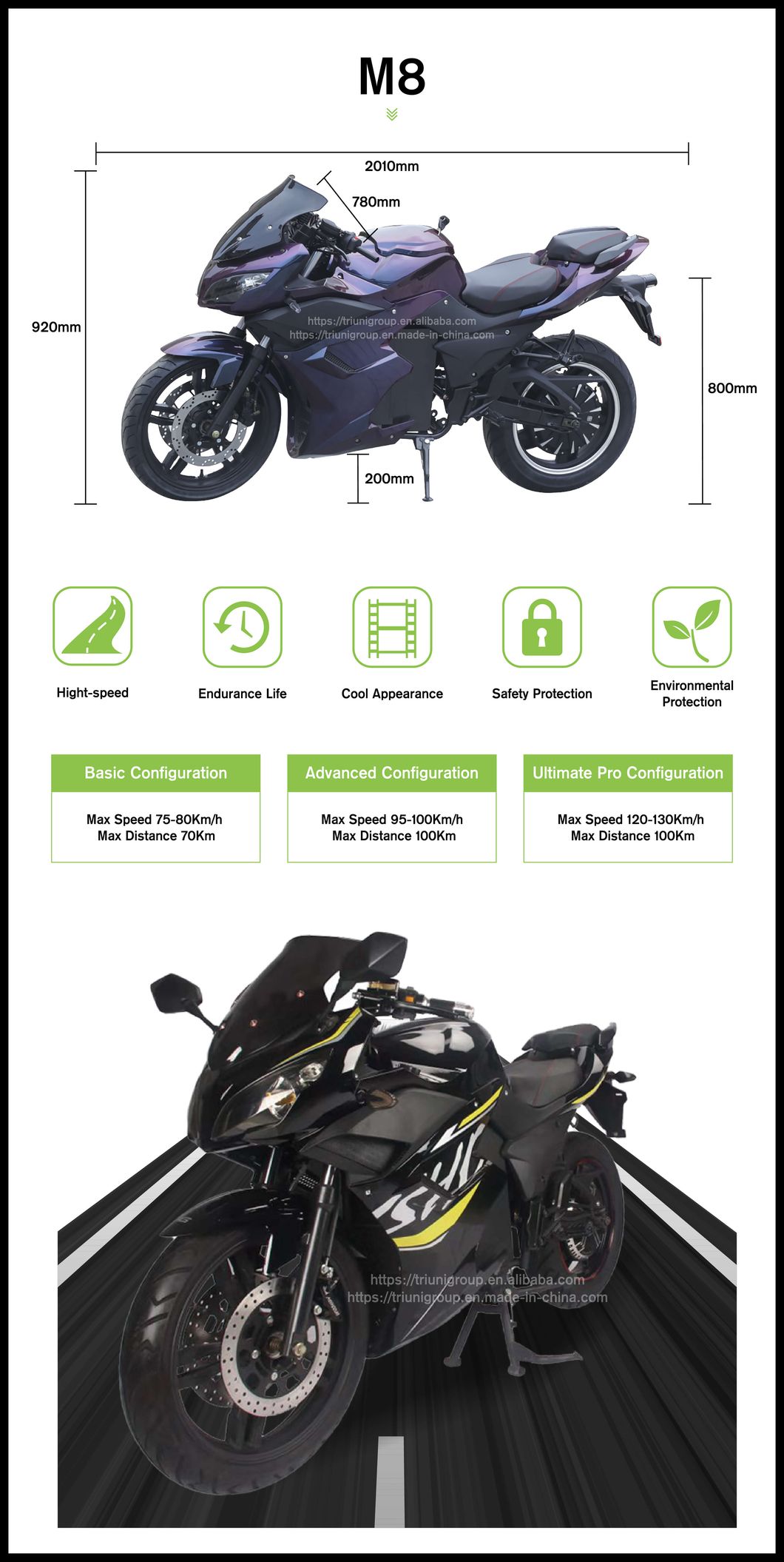 2020 Fashion Top Sales M8 Dpx 72V 3000~5000W Cool Electric Motorcycle