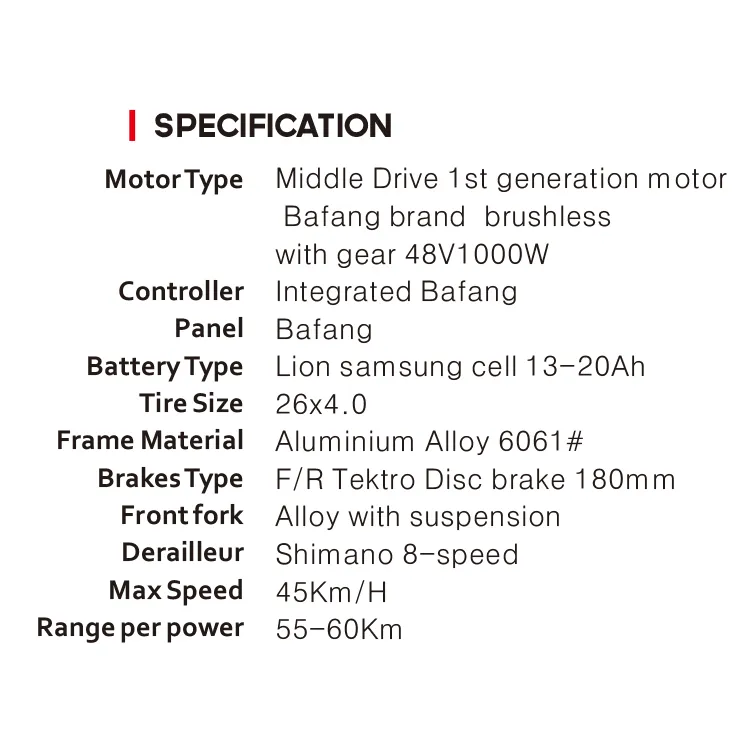 26′′*4.0 Inch MTB Tyre 8fun Central Motor Ultra 1000W E Bike/Fat Tire Adult Electric Bicycle