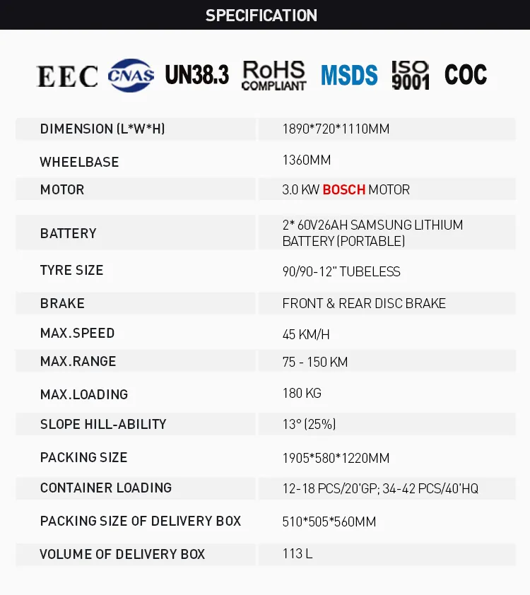 Factory Supply 3000W 2 Wheel EEC Electric Motorcycle for Adults with Double Lithium Battery