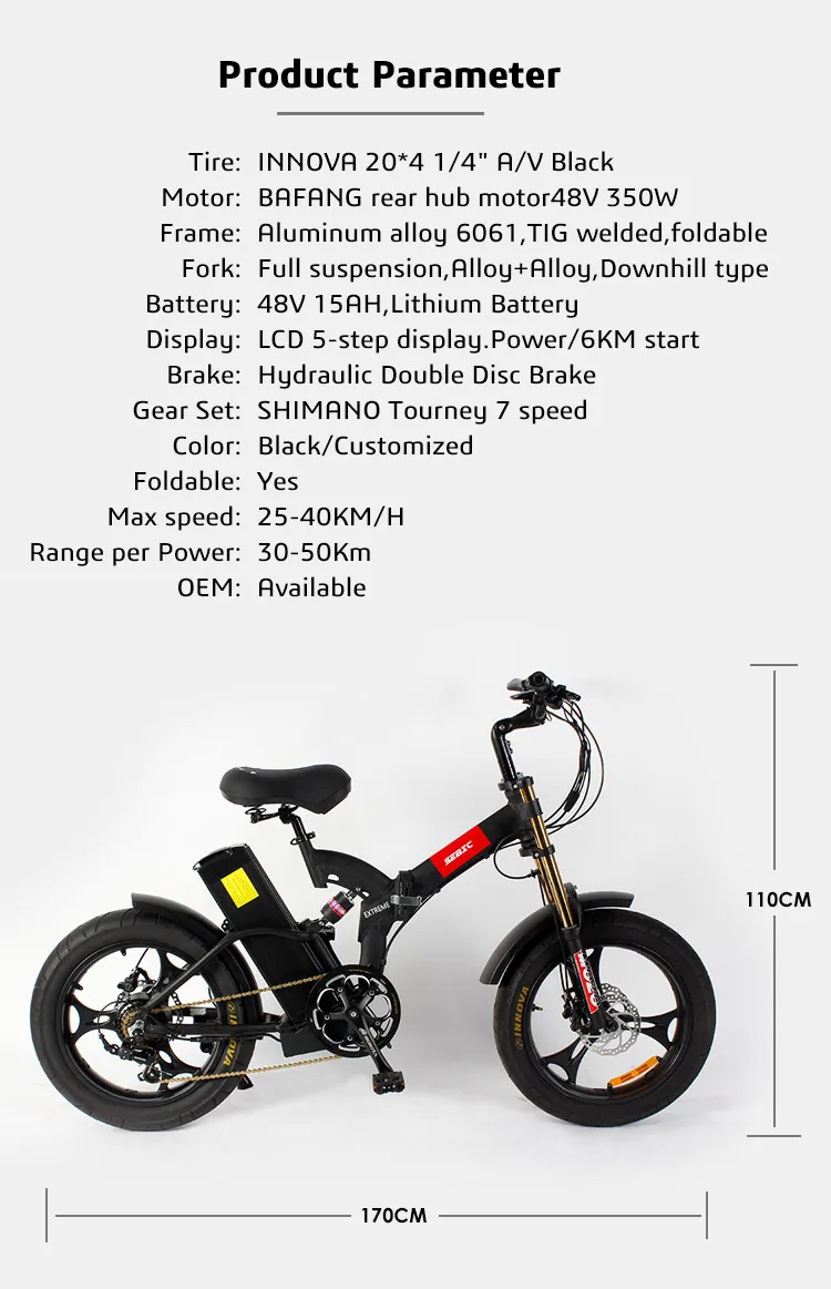 High-End Aluminum Alloy Cool Electric Bike 48V 750W 20ah Full Suspension Adults 20inch Folding Fat Electric Bike