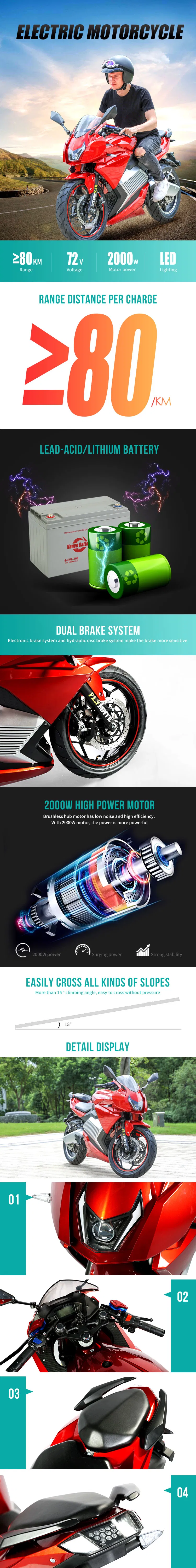 Hot Sale New Design Fast Motor Cycle Speed 80km/H Electric Motorcycle for Adult