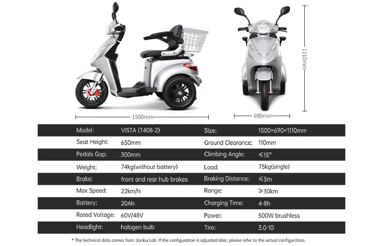 T408-2 48V/60V 500W Electric Tricycle Scooter Mini with Wide Tire for Elderly