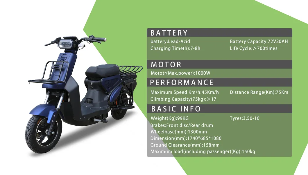 Uber Eats Delivery Electric Motor/Motorcycle Lithium Battery Scooter 1000W/3000W 72V40ah Ds3 1