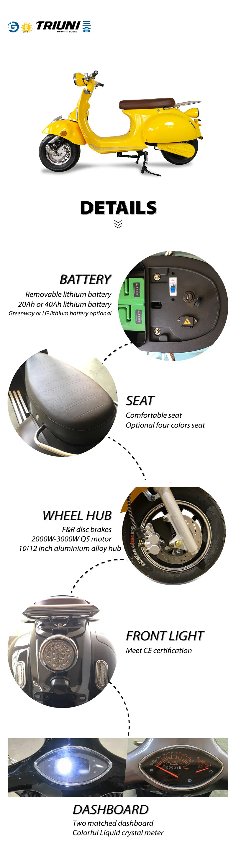 Vespa Soft Riding Electric Scooter 65km/H with Lithium Battery for Hot Sale